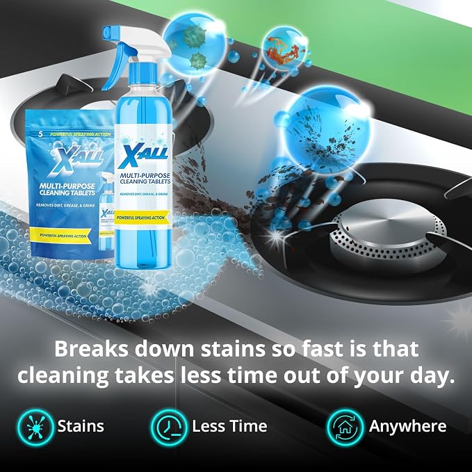 X-ALL Multi-Purpose Cleaner - Spray Bottle and 5x Cleaning Tablets - Cleaner for Oven, Kitchen & Floor surfaces, and Removes Grease and Grime