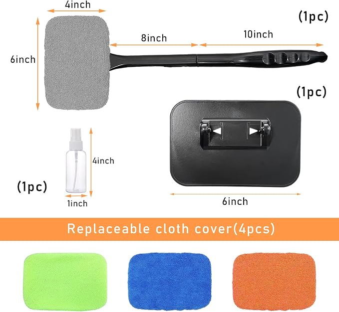 Ohleats Car Windshield Cleaning Tool, Microfiber Window Cleaner with 4 Washable and Reusable Cloth Pad & Long Handle, Auto Glass Wiper Cleaning Kit with Spray Bottle, Car Accessories