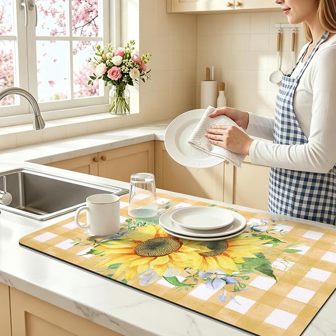LOKHOM Dish Drying Mat for Kitchen Counter, 17"x32" Absorbent Coffee Bar Mat with Sunflowers, Vintage Floral Dish Drainer Rack Mat for Decoration
