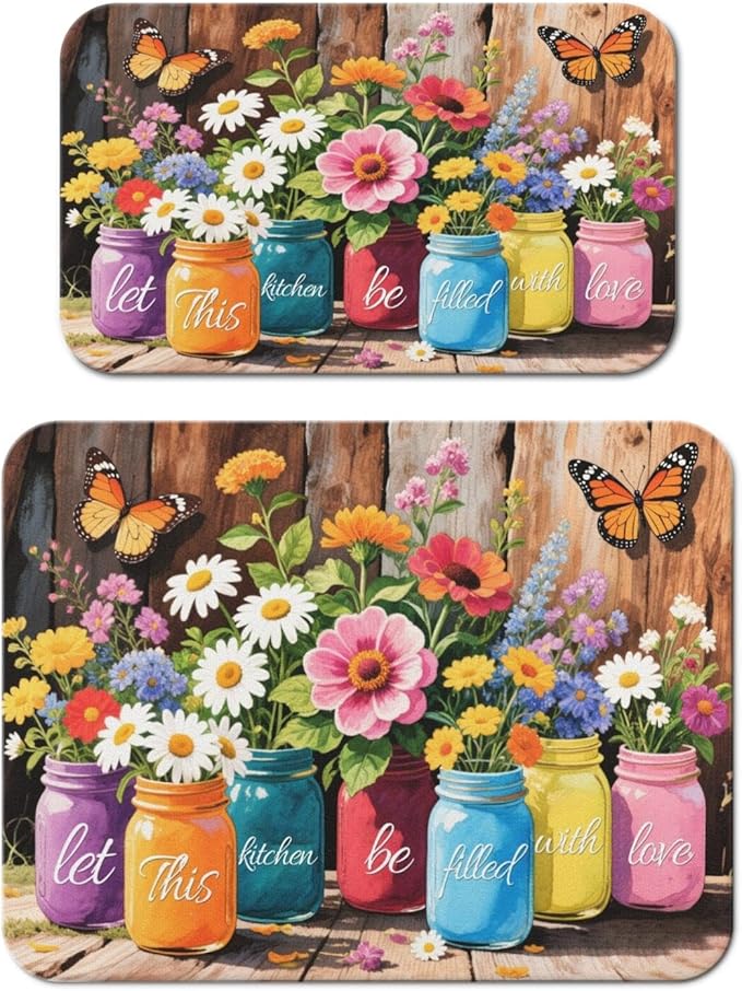 Dish Drying Mat 2-Pack in Mason Jar Floral for Kitchen Counter Dishes Mat | Diatom Mud Mats (18x24, 19.5x12"). Non-slip rubber back for kitchen counter, coffee bar & sink scenes