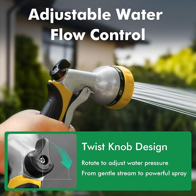 RESTMO Garden Hose Nozzle, Heavy Duty Metal Water Hose Nozzle with 7 Adjustable Spray Patterns, High Pressure Hand Sprayer with Flow Control, Best for Watering Plant & Lawn, Washing Car & Pet, Yellow
