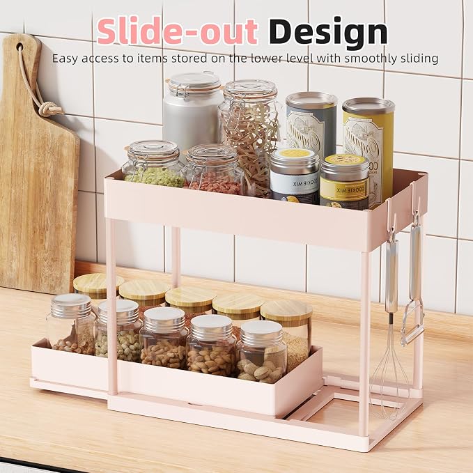 Simple Trending Under Sink Organizer 2 Pack, Sink Pull-Out Sliding Storage Cabinet, 2-Tier Under Shelf Organizer for Kitchen Bathroom, Pink