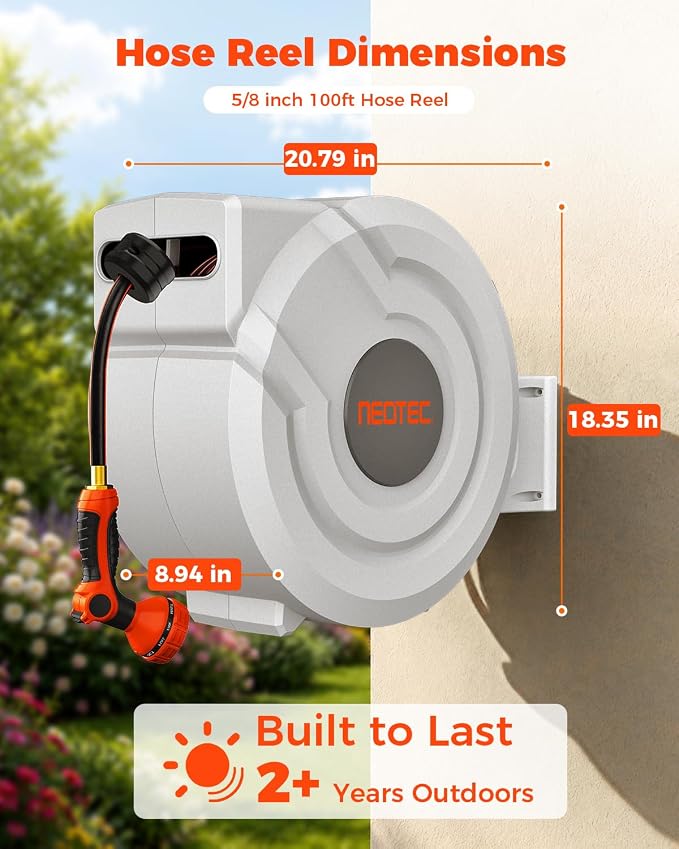 5/8 in 100ft Retractable Garden Hose Reel with Any-Length Lock Slow Auto Rewind Heavy Duty Water Hose Reel With 9-Pattern Nozzle 180° Swivel Bracket UV Resistant Wall Mounted Hose Reel for Outside