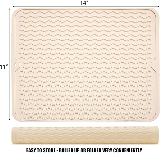 Large 14" x 11" Silicone Dish Drying Mat for Kitchen Counter, Easy clean, Quick Dry, Heat-resistant Dish Drainer Mat for Sink,Refrigerator or Drawer liner (Food Grade Silicone-Beige)