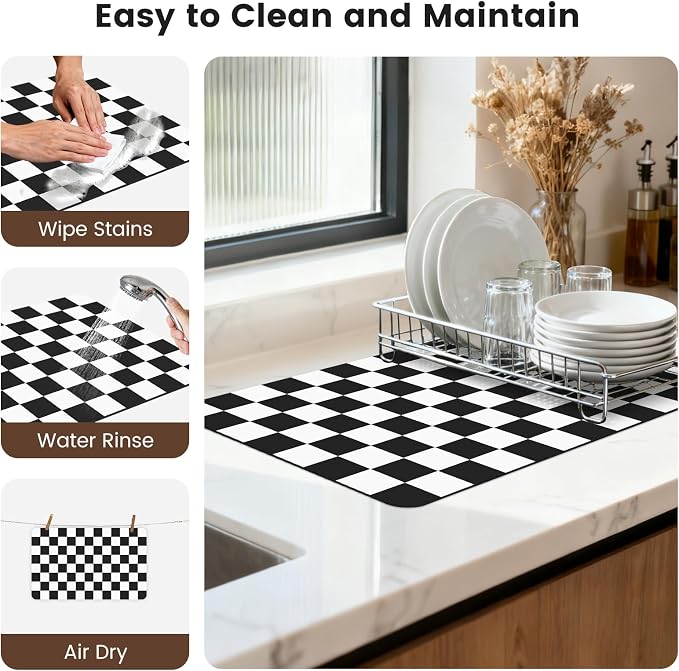Checkered Dish Mat for Kitchen Coffee Station, 16" x 24" Black | Quick Drying & Absorbent Mat for Coffee Bar Espresso Machine Countertops Accessories