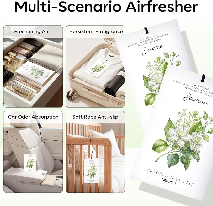 MYARO 12 Pack Jasmine Scented Sachets for Drawer, Closet & Small Spaces Air Freshener Bags, Odor Eliminator for Car, Shoes, Bathroom Home Fragrance Gift Set