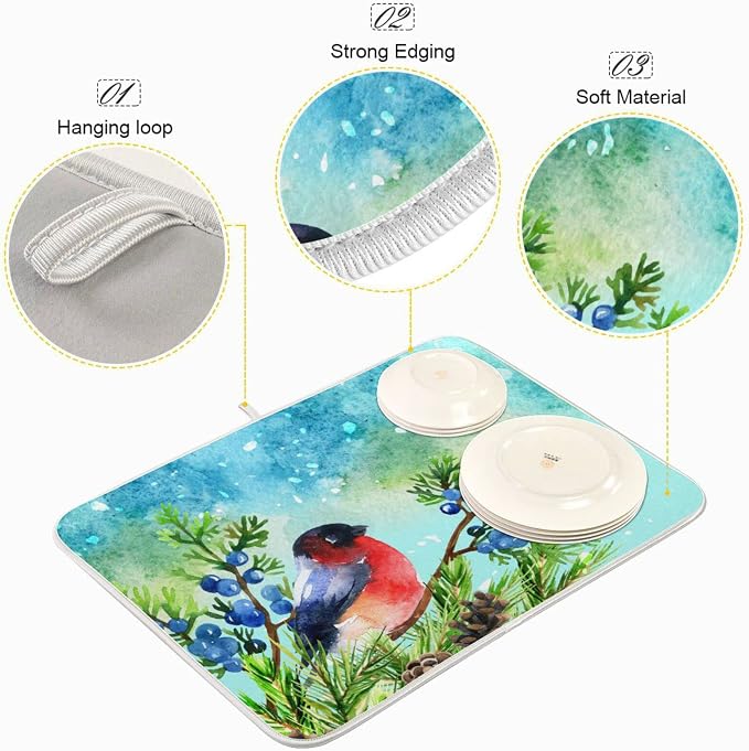 Absorbent Dish Drying Mat for Kitchen Counter - Winter Snow Blue Bird Microfiber Drying Pad, Reversible Drainer Mats for Countertop, Large 18" x 24"