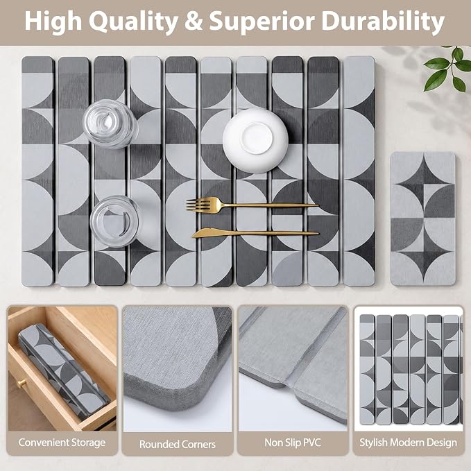 Large Stone Dish Drying Mat for Kitchen Counter, Quick Dry Diatomaceous Earth Dish Drying Pad, Foldable Water Absorbing Organizer Pad for Plates Bottles Utensils (Dark Gray Geometric 24"×16" & 8"×4")