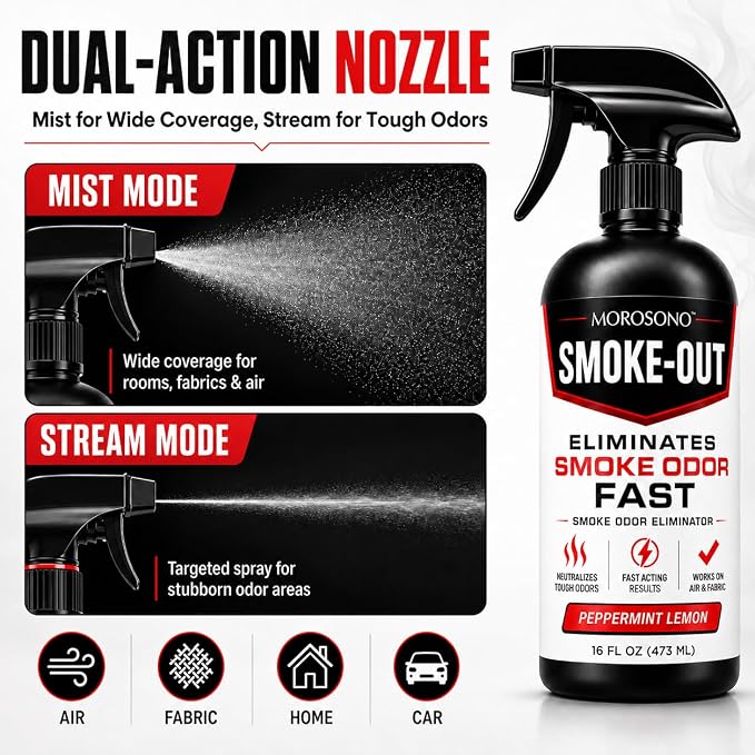 Smoke-Out Smoke Odor Eliminator Spray, 16 oz Peppermint Lemon Deodorizer for Car, Home, Clothes, Fabric, Cigarette, Cigar, Pet and Food Odors