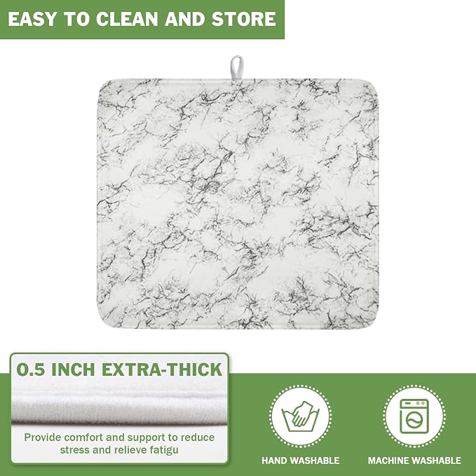 White Grey Marble Dish Drying Mat for Kitchen Counter Modern Marble Pattern Microfiber Dish Drainer Mat Absorbent Washable Drying Pad 16"x18"