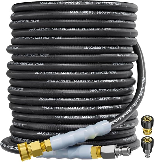 3/8" 4800PSI Pressure Washer Hose 75FT Swivel Quick Connect | Power Washer Hose for Cold/Hot Water Max 248°F, Kink Resistant Steel Wire Braided, Wear Resistant with M22 14mm Adapter