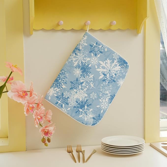 Christmas Dish Drying Mat 18x24 Inch Blue White Snowflake Winter Drying Mat Winter Xmas Holiday Absorbent Dish Drying Pad Dish Rack Drainer Mats for Kitchen Dining Counter