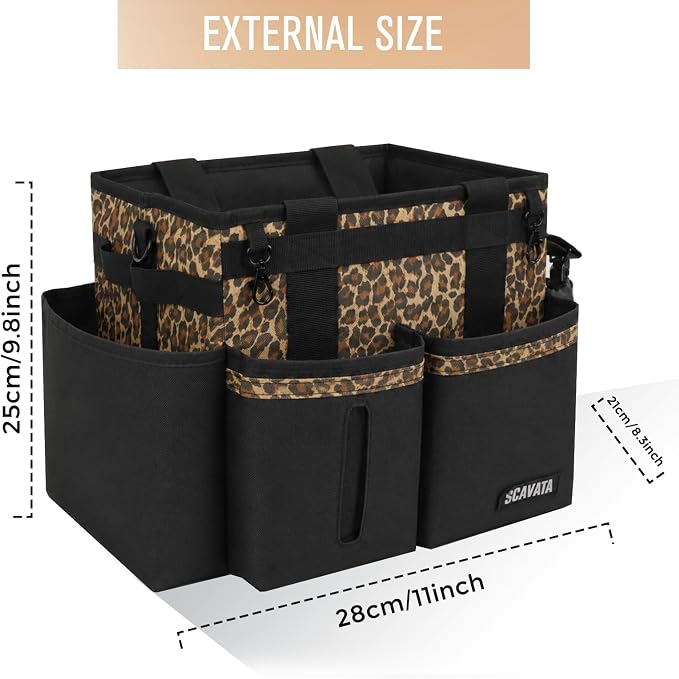 SCAVATA Compact Wearable Cleaning Caddy with Handle & Shoulder Straps | Small Cleaning Supplies Organizer, Under Sink & Car Cleaning Tools Storage Bag for Housekeepers Cleaners, Leopard