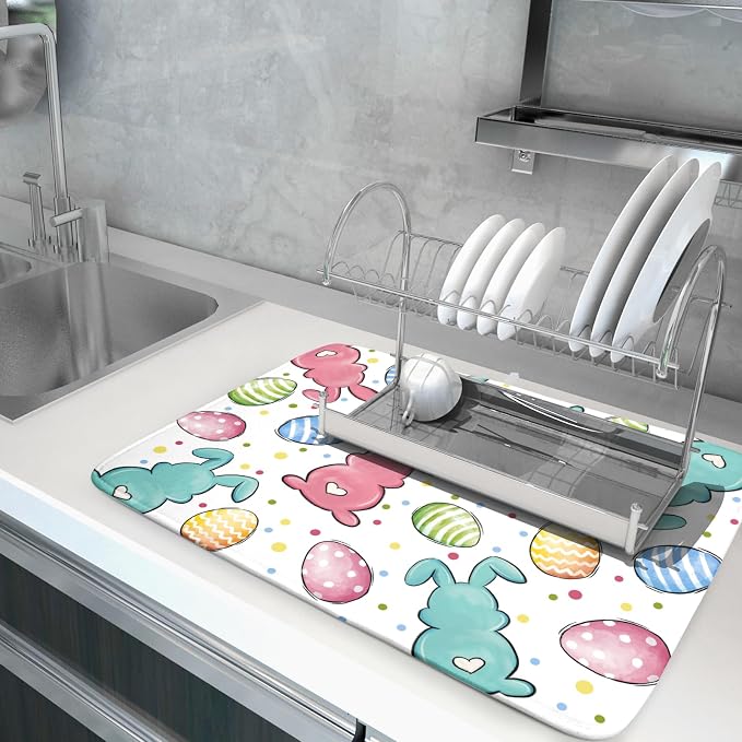Easter Dish Drying Mat for Kitchen Counter Colorful Bunny Holiday Microfiber Absorbent Dish Draining Reusable Washable Foldable Extra Large 18"x24"