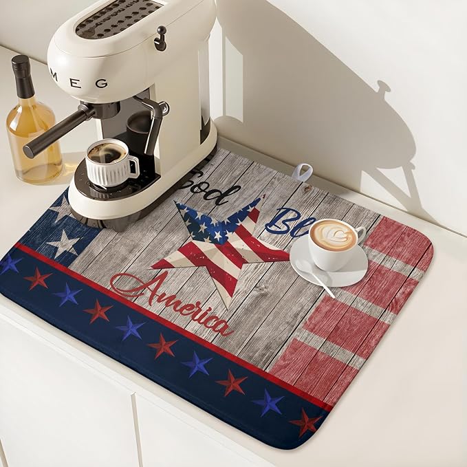 Kawani 4th of July Dish Drying Mat 18x24 Inch Patriotic God Bless America Memorial Kitchen Mats Independence Day Absorbent Dishes Pad for Kitchen Counter USA Star Drying Mat Home Decor for Countertop