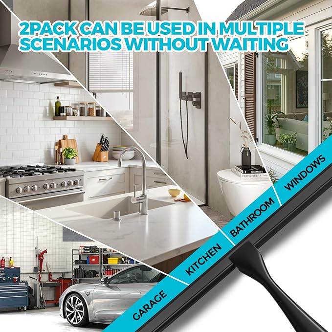 ALFLOD 2pcs Shower Squeegee for Glass Doors with Adhesive Hanging Hook Set | 12” black, bathroom accessories, window cleaner, new home essentials, soft rubber blade, metal handle, ergonomic grip