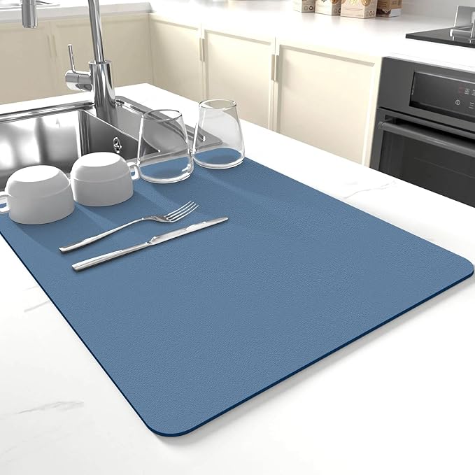 Dish Drying Mat for Kitchen Counter,Drying Mat for Dish Rack,Absorbent Hide Stain Rubber Mat,Coffee Mat, Kitchen Counter Mat(Blue, 17"x31.5")