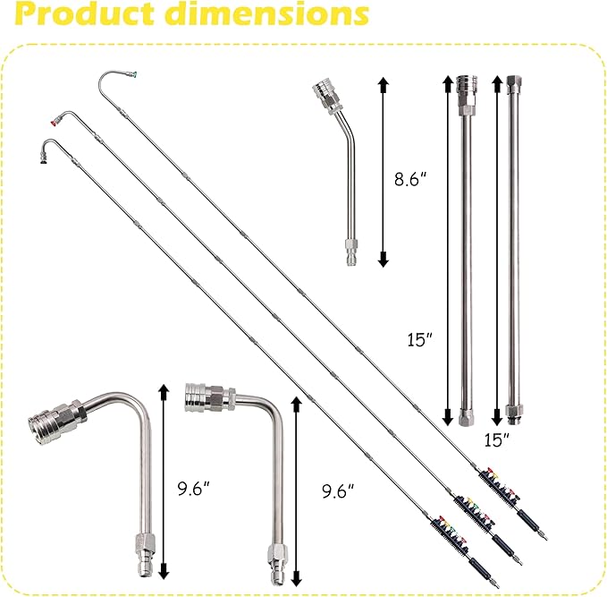 LIULO TOOL 9 Pack Pressure Washer Extension Wand, Stainless Steel Power Washer Lance with 6 Nozzle Tips for Gutter Cleaning, 3 Gutter Cleaner Attachments Curved Rod, 1/4 inch Quick Connect, 4000 PSI