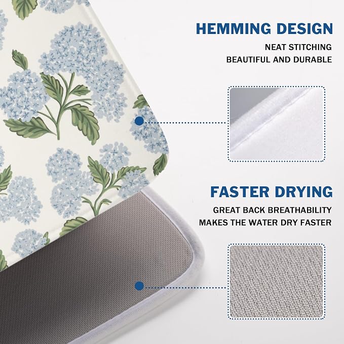 Blue Hydrangea Floral Dish Drying Mat for Kitchen Counter Spring Summer Vintage Flower Microfiber Dish Drainer Mat Rustic Farmhouse Absorbent Washable Drying Pad Extra Large 18"x24"