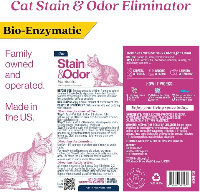 Eco Strong Cat Stain and Odor Remover| Enzyme Urine Odor Neutralizer - Stain Remover for Carpet, Litter Boxes, Bedding, and Laundry [160 Fl Oz Bundle]