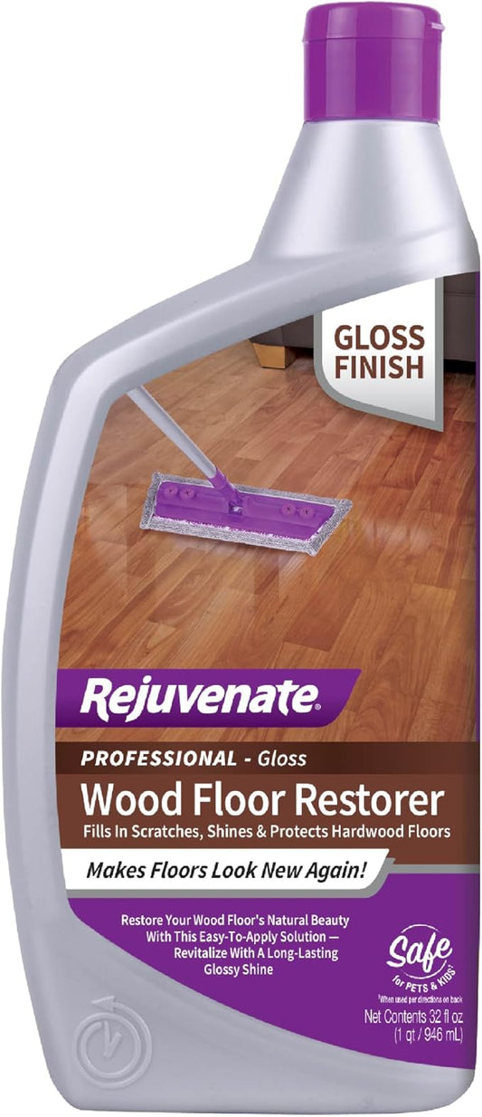 Rejuvenate Professional Wood Floor Restorer Fills Scratches, Shines And Protects Wood Flooring For A High Gloss Shine, 32 Ounces | 1-Coat Application Fills Scratches, Shines & Protects Hardwood Floors, Leaves A Glossy Finish, Safe For Pets & Kids