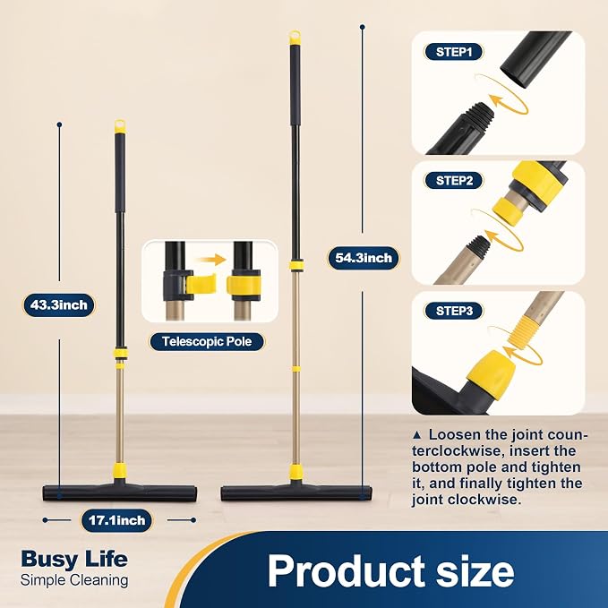 Yocada Floor Squeegee Scrubber Adjustable Telescopic Pole Heavy Duty 54.3" | Household Broom EVA Foam Blade for Garage Courtyard Shower Bathroom Floor Marble Glass Tile Water Foam Cleaning