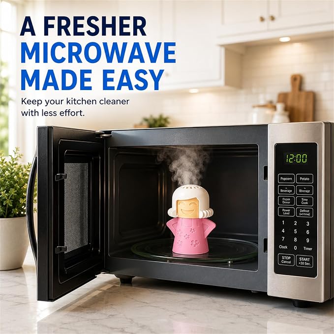 Microwave Steam Cleaner Tool, Fill with Vinegar & Water, Optional Lemon Drops, Heat 5-7 Minutes to Soften Grease & Residue, Non-Toxic Reusable Kitchen Cleaner for Microwaves (Pink)