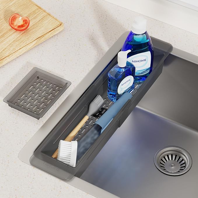 NiHome Extendable Sink Caddy, Small Telescopic Kitchen Brush Holder | Adjustable Sink Organizer for Brushes/Sponge with Fast Drainage, Durable ABS, Non-Slip Pads, Expandable (Translucent Gray)