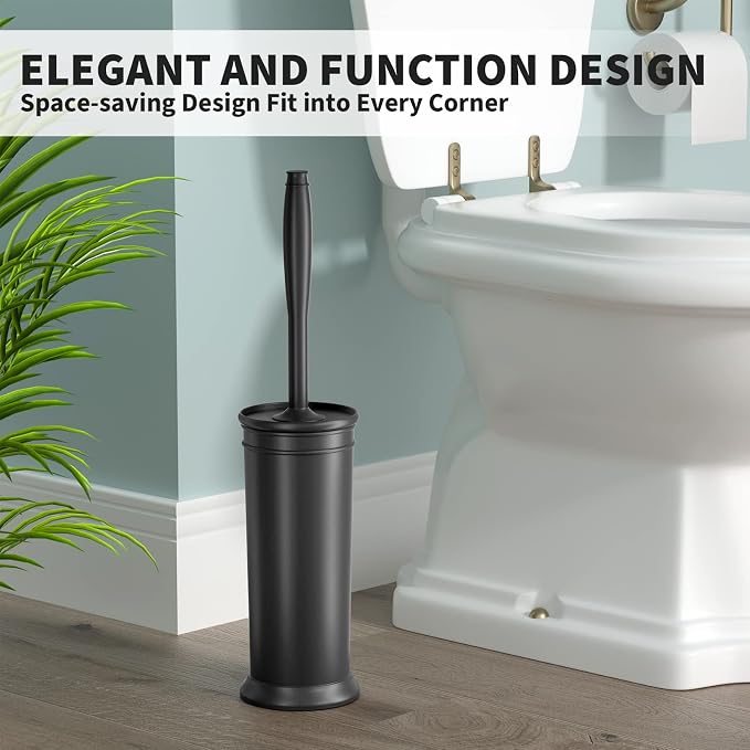 Toilet Brush, Toilet Bowl Brush with Extra Long Handle Durable Bristles Toilet Scrubber and Covered Holder for Toilet Brush Set for Bathroom Cleaning (Black, 1 Set)