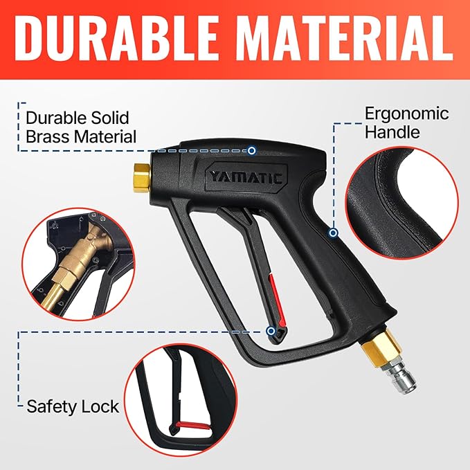 YAMATIC Short Pressure Washer Gun Swivel Brass 3/8" Quick Connect 4000PSI | Power Washer Handle with Easy Pull Trigger with Lock Replacement for Ryobi, Simpson, Craftsman for Car Pool, Roof