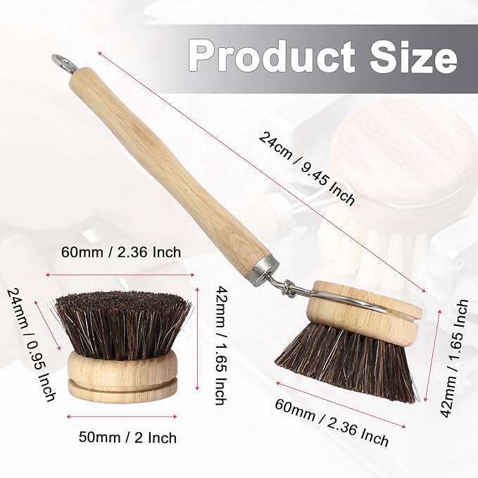 Wooden Dish Brush Set, 4 Natural Bristle Replacement Heads with 1 Sturdy Wooden Handle, Horsehair Kitchen Scrub Brush for Pots, Pans, Vegetables and Cookware