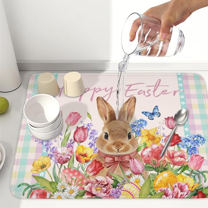 Easter Bunny Dish Drying Mat for Kitchen Counter Happy Easter Rabbit Floral Colorful Buffalo Plaid Microfiber Dish Drainer Mat Absorbent Washable Drying Pad Extra Large 18"x24"