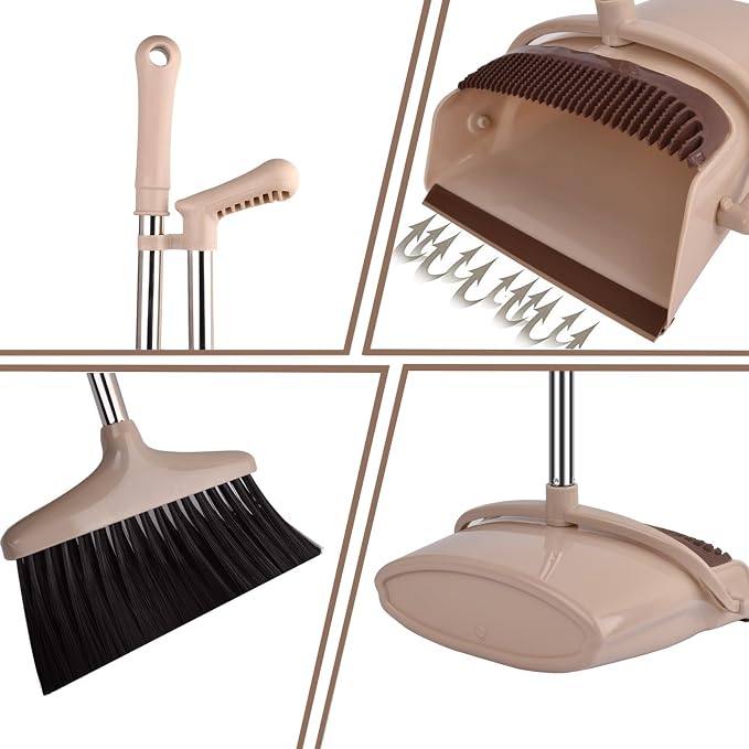 Upgraded Broom and Dustpan Set with Long Handle Standing Broom with Dustpan Combo for Home Kitchen Room and Offices