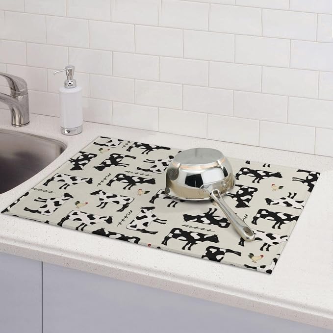 Cute Farm Cows Dish Drying Mat For Kitchen Counter, Super Absorbent Microfiber Dish Drying Pad, Kitchen Gadgets For Easy Clean Multi-Use Large 18"x24"