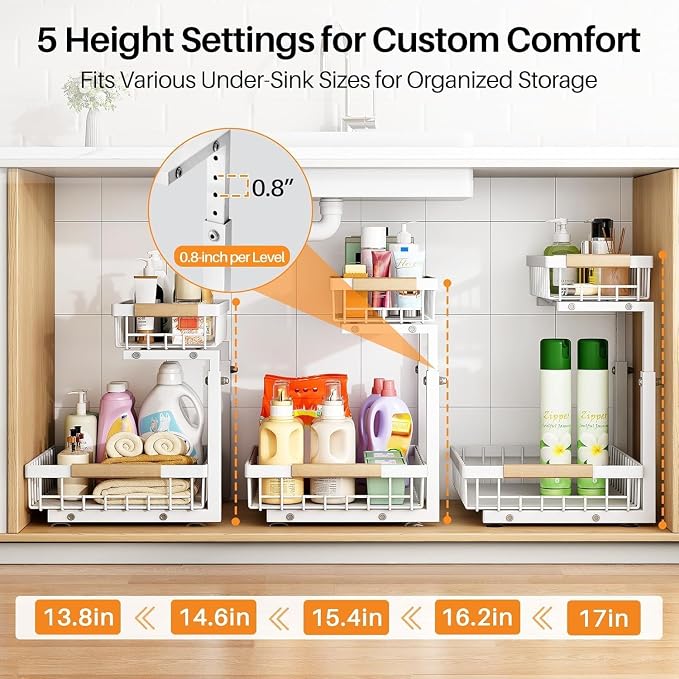 PXRACK Under Sink Organizer, Adjustable Height, 2 Tier Pull Out Under Cabinet Organizer, Slide Out Thickened Metal Under Sink Storage for Kitchen Bathroom Laundry Pantry Cabinet, White, Small-1-Pack