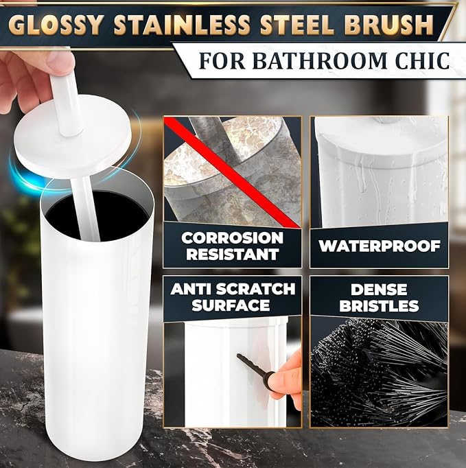 Stainless Steel Toilet Brush and Holder Set White - Long Handle Toilet Bowl Cleaner Brush and Holder - Removable Inner Liner, Shiny Design, Splash Protection & Dense Bristles for Bathroom Cleaning