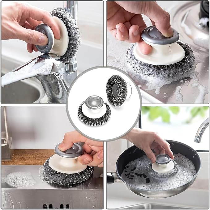 2Pcs Stainless Steel Scrubber with Handle, Steel Wool Scrubber Tool for Cleaning Dishes, Scrubbing Scouring Brush Pad for Kitchen Pots, Pans, Sink