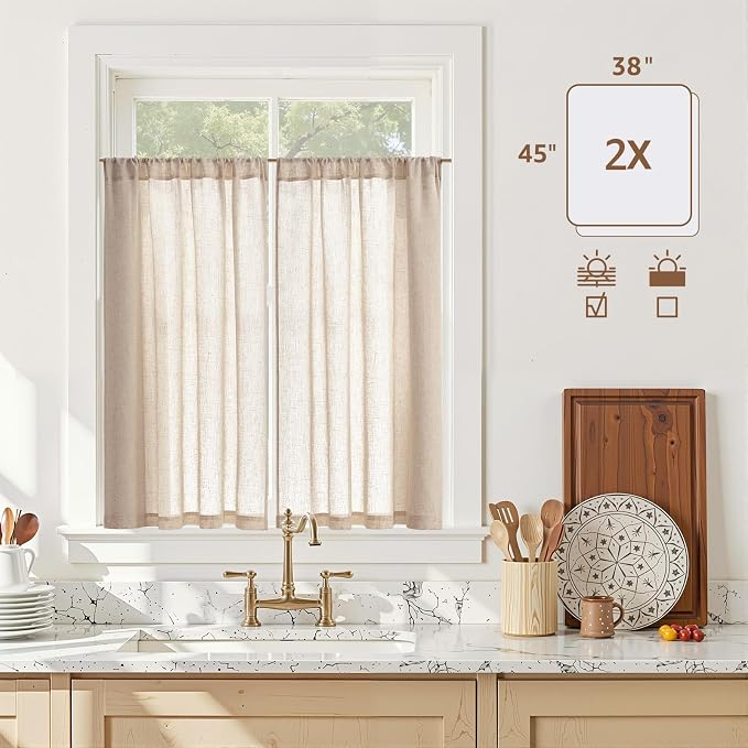 jinchan Linen Kitchen Tier Curtains, 38x45, 2 Panels, Natural | Light filtering, linen blend, rod pocket, farmhouse style, rustic decor, kitchen, bathroom, laundry room, RV, small windows