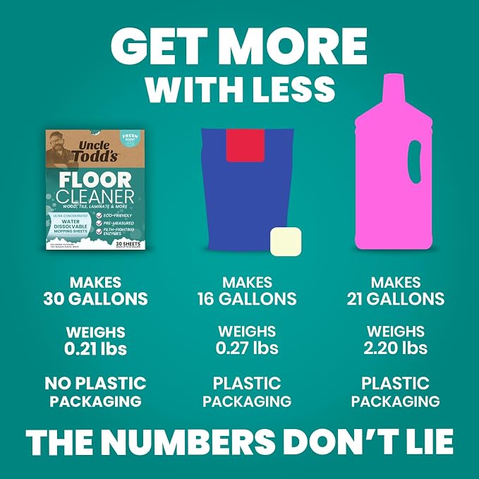 Uncle Todd's Ultra Concentrated Floor Cleaner For Mopping: 30 Natural, 100% Dissolvable Sheets for Mopping – Hardwood & Wood Floor Cleaner with Filth-Fighting Enzymes, Plastic-Free Packaging
