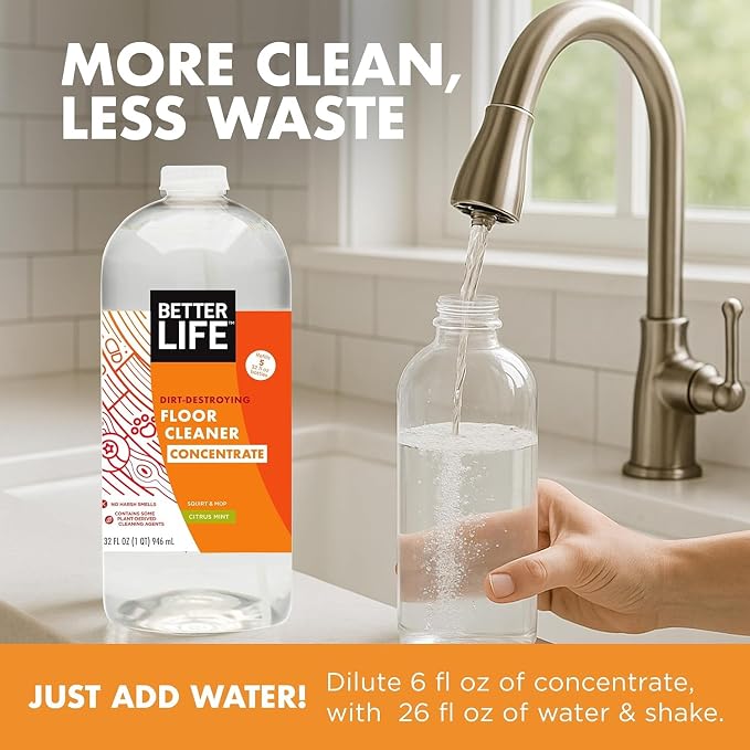 Better Life Floor Cleaner Concentrate - Liquid Multipurpose Cleaner for Wood, Tile, Laminate, Vinyl, Bamboo - Hardwood Floor Cleaner for Mopping - Citrus Mint 1 Gal Concentrate