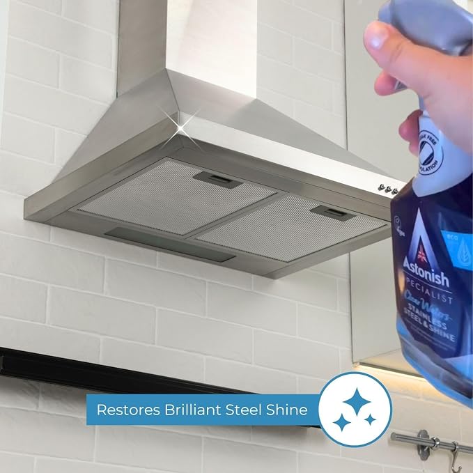 Astonish Specialist Stainless Steel Cleaner & Shine Spray, Clear Waters - Streak-Free Polished Finish for Fridge, Range Hood & Back Splash - Remove Grease & Watermarks, Vegan, Cruelty-Free, 750ml