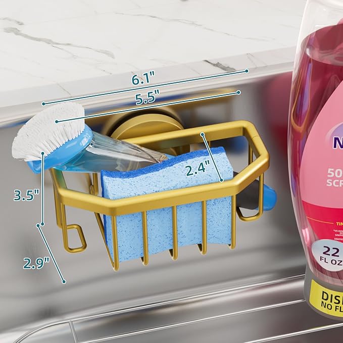 TAILI Sponge Holder for Kitchen Sink with Strong Suction Cup Removable, Rustproof Aluminum Sink Caddy for Sponge, Brush, Scrubber, Scraper -Gold