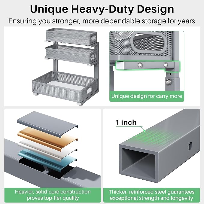 Kitstorack Under Sink Organizer, 2-Pack 3-Tier Height Adjustable Thickened Metal Pull out Cabinet Organizer Shelf, Slide out Storage Drawer Rack for Bathroom Kitchen Pantry Home Organization, Grey