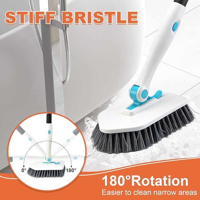 Long Handled Scrub Brush for Shower,3-in-1 Cleaning Brushes with 3 Different Function Cleaning Heads Brush for Shower Cleaning Bathroom Kitchen Walls Tub Tile (White)