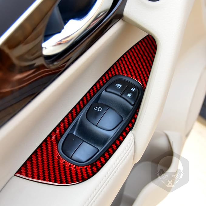 Red Real Carbon Fiber Trim for Nissan Rogue Accessories | for 2014-2020 / Rogue Sport 2017-2022 Window Lift Panel Cover Sticker Interior Thick Overlay Decal