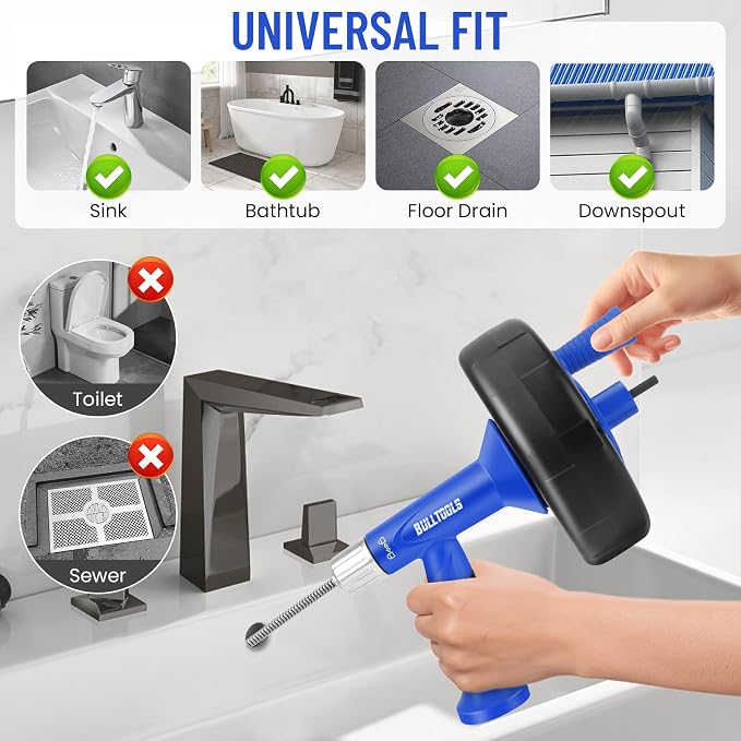 BULLTOOLS Drain Auger, 25FT Drain Clog Remover with Drill Adapter, Flexible Snake Drain Hair Removal Tool for Kitchen Sink, Bathtub, and Shower Comes with Gloves and Storage Bag