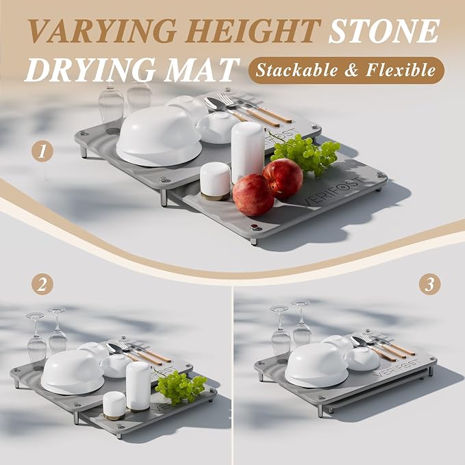 VERIFOST 2pcs Large Stone Drying Mat for Kitchen Counter, Quick Drying Matt Kitchen Counter, Large Drying Stone for Kitchen Counter, Diatomaceous Earth Dish Drying Mat, Moonlight Gray