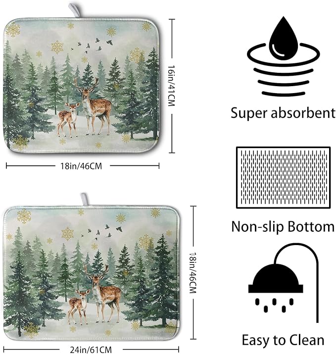 Reindeer Tree Snowflakes Christmas Dish Drying Mats for Kitchen Counter 18x24 Inch Winter Forest Dish Drainer Mats Absorbent Reversible Dish Draining Microfiber Dishes Drying Pad