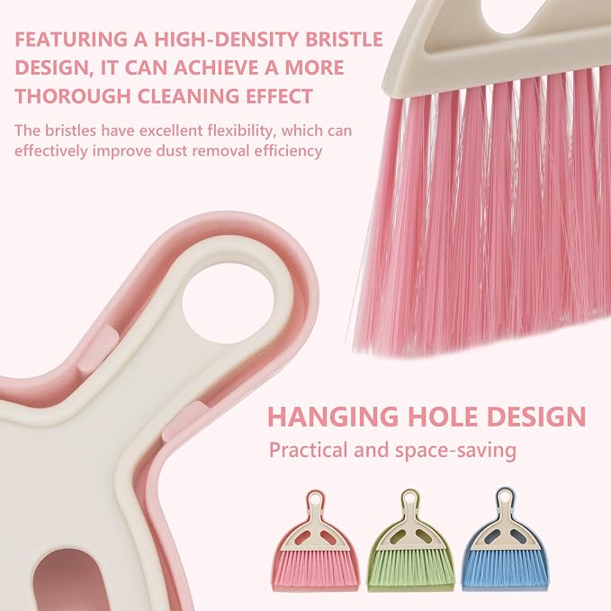 Mini Dustpan and Brush Set Portable Small Broom with Dust Pan Handheld Hangable Whisk Broom and Dust pan for Home, Kitchen, Table, Office, Car 3Pcs (Blue-Green-Pink)