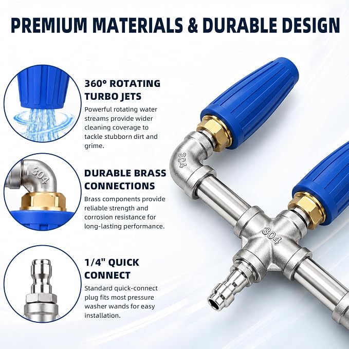 Triple Pressure Washer Turbo Nozzle, 3-Head, 1/4-Inch Quick Connect | 360° rotating power washer nozzle tips, 4000 PSI, 4-6 GPM, 2.0 orifice for driveways, concrete, patios and decks